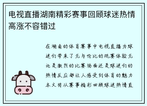 电视直播湖南精彩赛事回顾球迷热情高涨不容错过